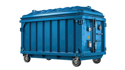 Industrial vector illustration of a blue garbage truck and blue recycling bin vehicle for shipping and waste transport business
