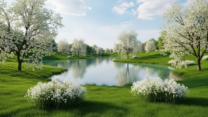 Serene landscape with blooming trees and pond