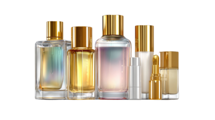 A luxury transparent glass perfume bottle with a spray top contains a fragrant liquid cosmetic, isolated on a white background as a beautiful fashion object for hygiene and personal care