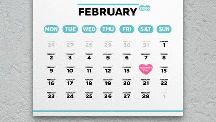 Close-up of a nice February 2026 calendar page with the date of Valentine's Day highlighted