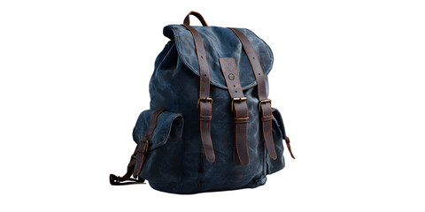 Blue canvas backpack with leather straps isolated on white background