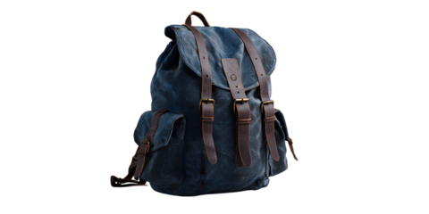 Blue canvas backpack with leather straps isolated on white background