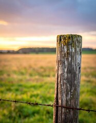 Weathered Wooden Fence Post With Lichen Overlooking A Grassy Field At Sunset With Soft Orange Sky And Distant Rolling Hills
