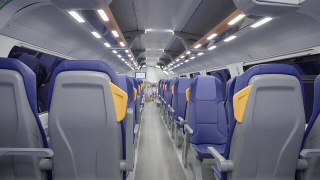 Empty interior of a modern double decker regional train moving in Italy. Rows of blue passenger seats inside empty commuter transport vehicle. Public transit and railway travel in Europe.