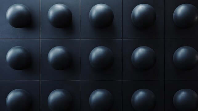 Geometric arrangement of matte black medicine balls in perfect grid formation against minimalist gym wall, varying sizes creating visual rhythm, soft directional lighting enhancing spherical texture,