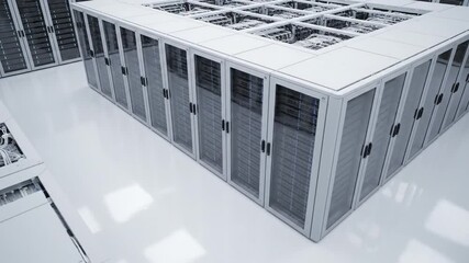 Modern data center with rows of server racks, showcasing advanced technology and IT infrastructure in a clean, white environment. Ideal for tech, cloud computing, and big data concepts. - Powered by Adobe