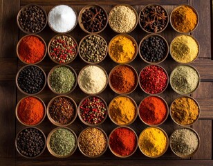 Arrangement Of Thirty Five Bowls Filled With Various Spices And Seasonings In A Grid Formation On A Wooden Surface