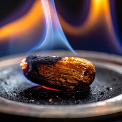 Close Up Macro Shot of a Smoldering Incense Stick Ignited with Fiery Orange and Blue Flames on a Dark Textured Surface