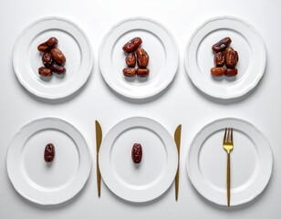 Six White Plates Displaying Varying Quantities of Dates on a White Surface with Golden Cutlery Suggesting Portion Control or Dieting