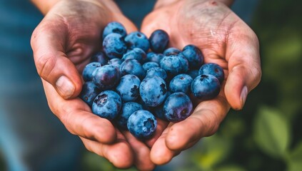 A close-up shot of cupped hands overflowing with freshly picked, ripe, plump blueberries