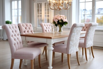 Elegant dining room design with tufted chairs and chandelier