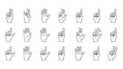 Comprehensive collection of line art hand gestures for counting one through five, illustrating diverse finger positions for numerical representation and communication