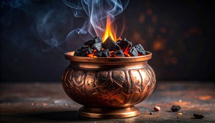 Ornate Copper Bowl Filled With Glowing Coals Emitting Smoke and Fire Against a Dark Textured Background