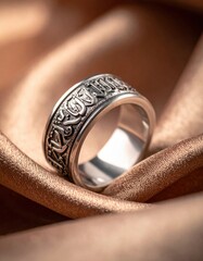 Intricate Silver Band Ring with Ancient Runes and Ornate Detailing on a Luxurious Golden Satin Drape Background Soft Lighting Studio Shot