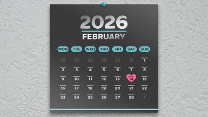 A nice February 2026 page of a black wall calendar with the date of Valentine's Day highlighted