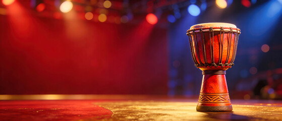 Wooden djembe drum on a cinematic stage with red and blue spotlights. Traditional African percussion instrument background. Copy space for text