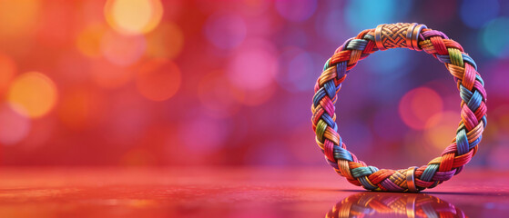Vibrant braided bracelet on festive bokeh background. Colorful African style jewelry with reflection. Afrodescendant Culture Day concept with copy space