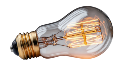 Bright light bulb with a glowing tungsten filament isolated on a white background representing a glass electric lamp and a creative technology concept for energy power and inspiration
