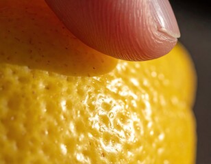 Extreme Close Up Of A Finger Touching The Textured Yellow Skin Of A Ripe Lemon In Bright Sunlight