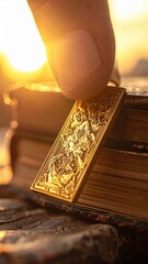Close up of finger holding antique golden bookmark with detailed engraving against sunlit old book outdoors