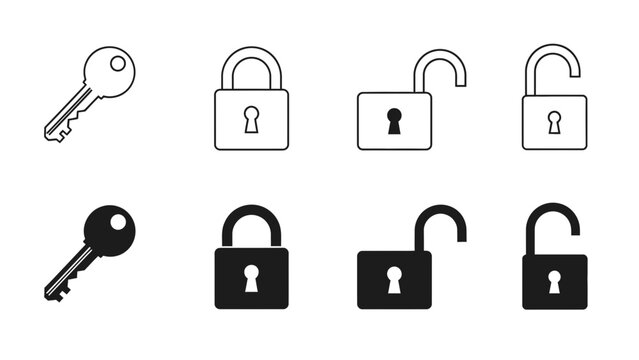Collection of lock and key icons, representing security and access, in both outline and solid styles for versatile design applications