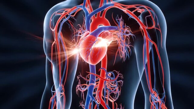 Illustration of human circulatory system with heart and blood vessels highlighted in vibrant colors