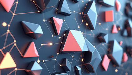 Vibrant 3D geometric shapes connected by glowing lines on dark blue background