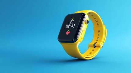 Sleek yellow fitness smartwatch floating against vibrant blue background, ultra-detailed 3D rendering showing heart rate monitor sensor on watch underside, high-tech wearable device with crisp