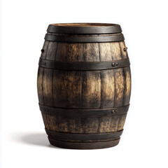 Obraz premium Wooden Barrel Isolated on White Background, Rustic Oak Wine and Whiskey Cask, Vintage Storage Container, Alcohol and Brewery Concept