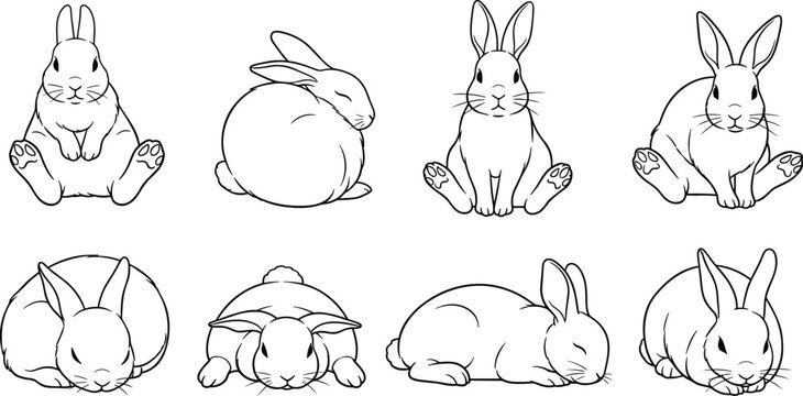 Complete collection of cute rabbit silhouettes featuring various bunny poses including sitting sleeping and resting in thin black line art style