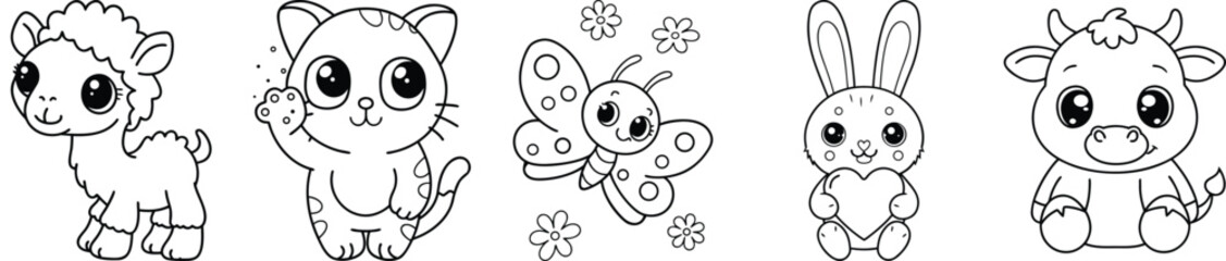 Adorable Animal Collection Featuring Cute Lamb, Kitten, Bunny, Butterfly And Cow Sketch
