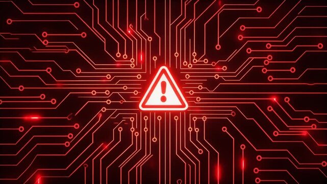 Red Alert Symbol on Futuristic Circuit Board Background