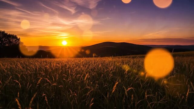 Golden Sunset Over Grain Field with Bokeh Lights with Rural Serenity.