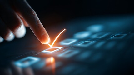 A close-up of a finger pressing an illuminated check mark on a digital screen