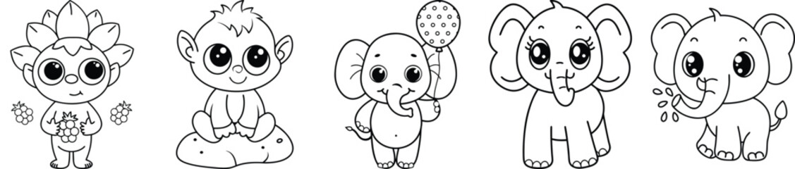 Adorable Baby Animals Collection: Cute Monkey And Elephant Line Art For Childrens Illustration