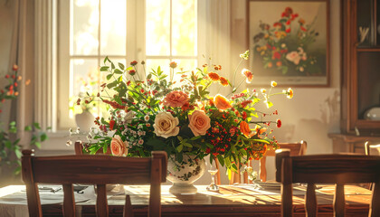Floral Centerpiece on Dining Table in Cozy Interior