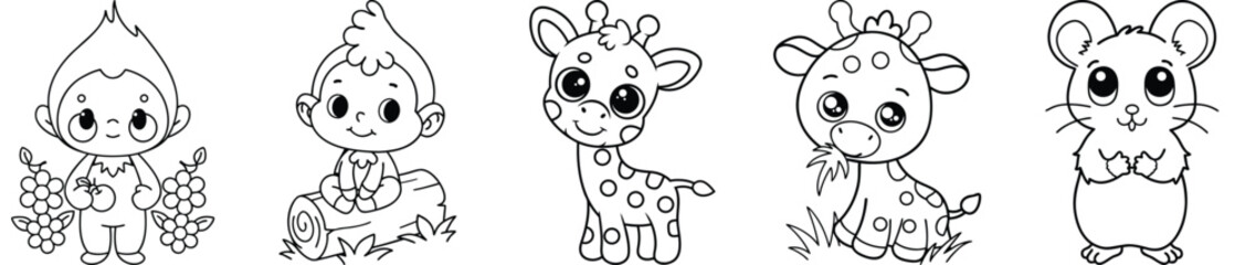 Adorable Animal Characters Collection Featuring Giraffe, Monkey, And Mouse Line Art For Kids