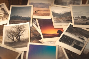Various vintage-style pictures show landscapes, nature scenes, and moments shared between people in different seasons and locations across time Generative AI