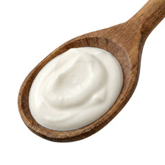 Creamy white sour cream on a wooden spoon