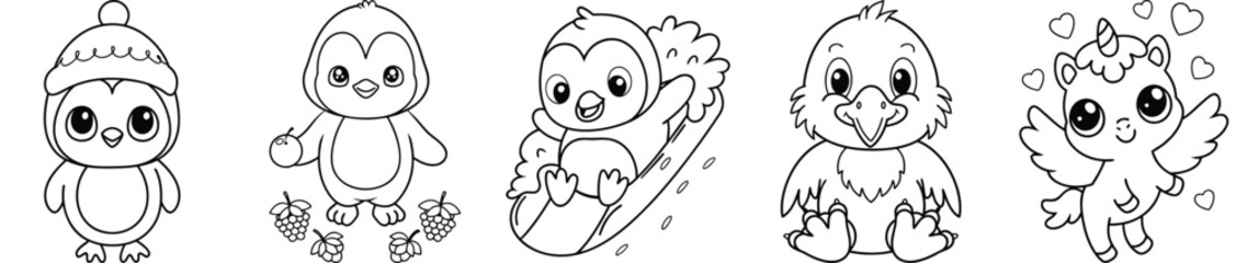 Adorable Penguin And Bird Characters Set, Kawaii Wildlife Illustrations For Children Books