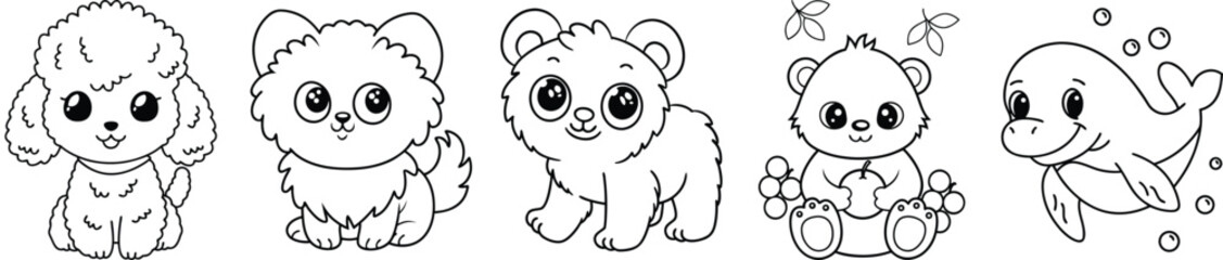 Adorable Animal Collection Featuring Puppy, Kitten, Bear Cub, Bunny And Turtle Outline Vector