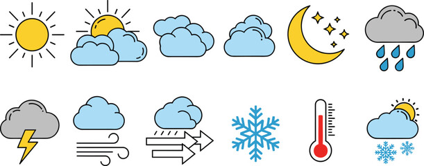 Complete weather forecast icon set featuring sunny cloudy rainy snowy and thunder conditions with temperature thermometer and night sky meteorological symbols