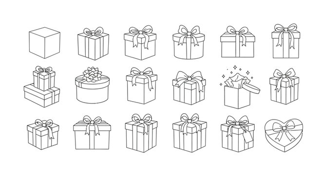 Set of hand drawn gift boxes isolated on, vector illustration of different shapes and sizes, perfect for any design project