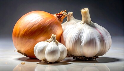A close-up shot of a whole yellow onion and two heads of garlic on a reflective surface.