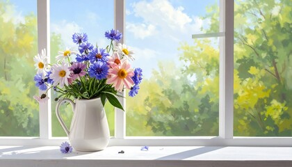 Beautiful Bouquet of Wildflowers in a White Pitcher on a Sunny Windowsill.