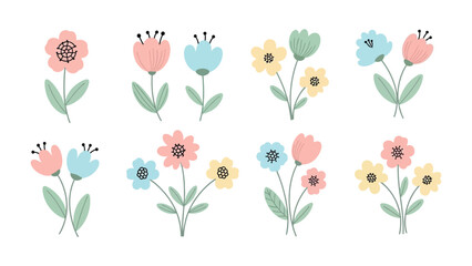 Floral Symphony: A delightful array of pastel-colored blooms and green leaves create a harmonious floral illustration with a focus on simplicity and elegance.