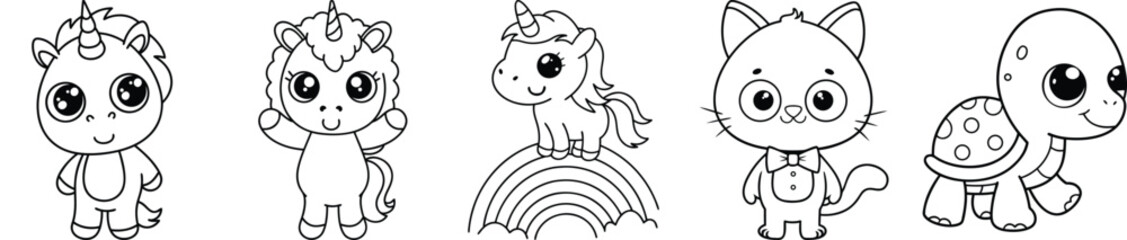 Adorable Kawaii Creatures Collection: Unicorns, Seahorse, Dragon, Owl, Dinosaur Outline