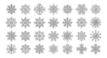 Collection of snowflake icons showing different shapes and designs, perfect for winter and christmas themes isolated on
