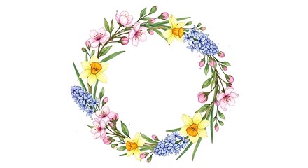 Obraz premium Floral Wreath with Spring Flowers - Daffodils, Hyacinths, and Pink Blossoms.
