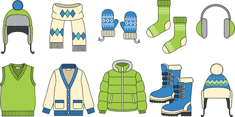 Complete winter apparel collection featuring green and blue puffer jackets cardigan sweaters wool hats scarves mittens socks and snow boots for cold season fashion